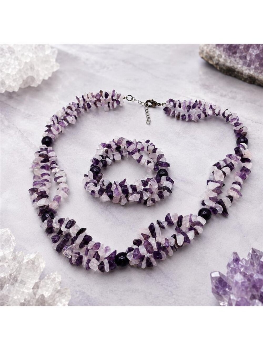 Amethyst Clear Quartz Chip Necklace Bracelet Set Multi Strand Silver Tone